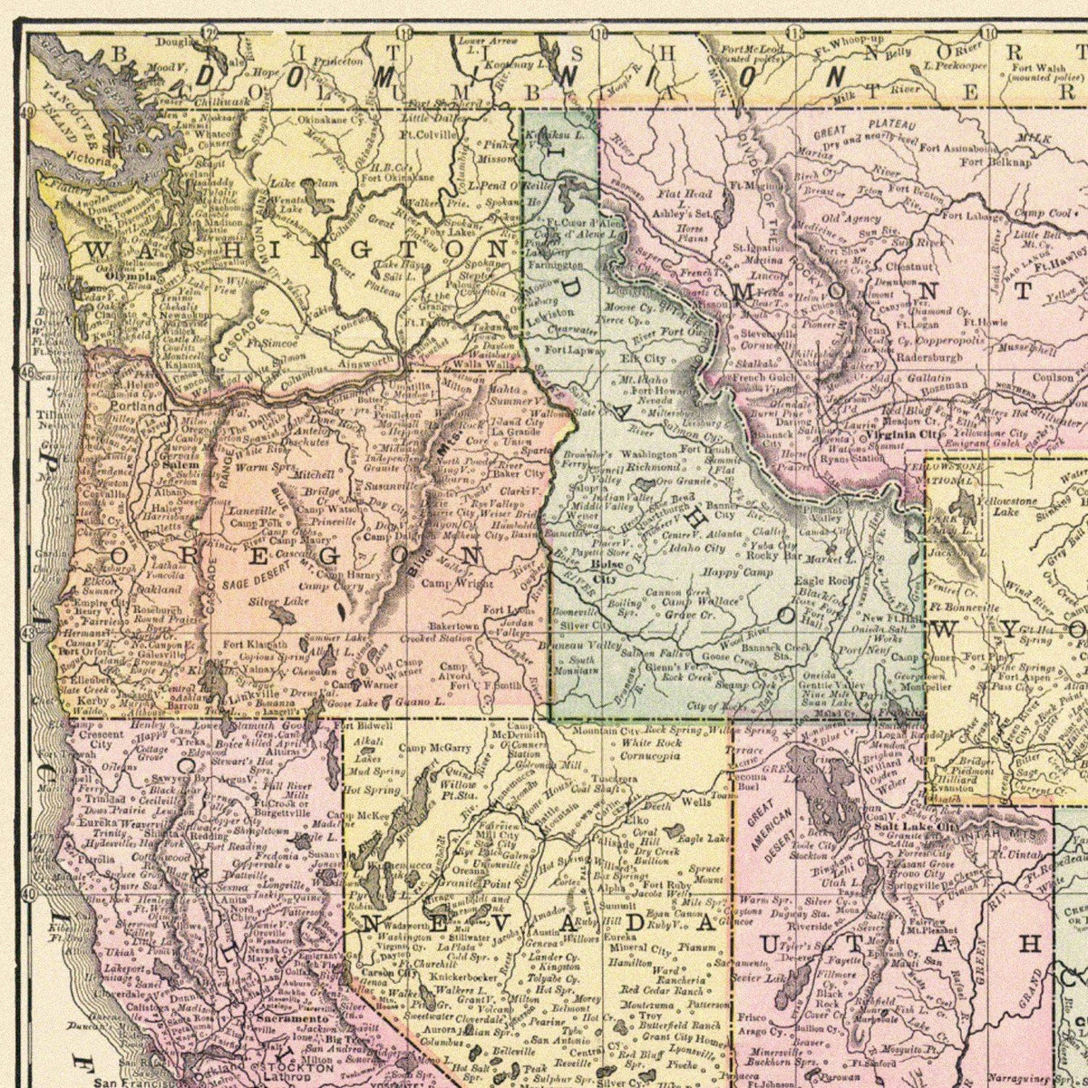 Close-up detail of the Atchison, Topeka & Santa Fe Railroad 1888 Map