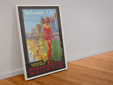 Atlantic City All Year Resort PRR poster in a white frame leaning against a wall
