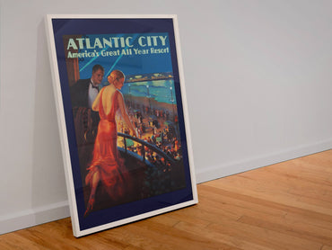 Atlantic City Night Resort poster in a white frame leaning against a wall