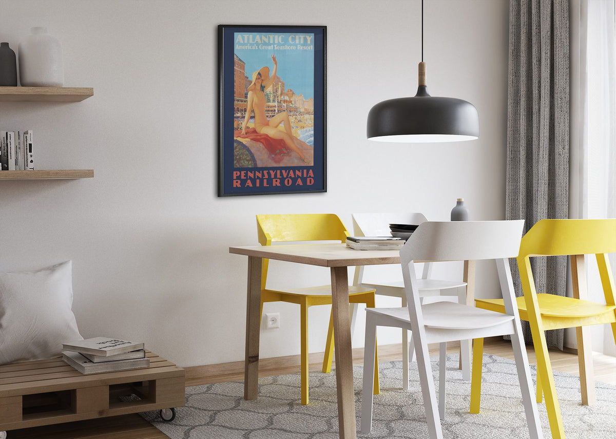 Atlantic City Pennsylvania Railroad poster framed above a dining table