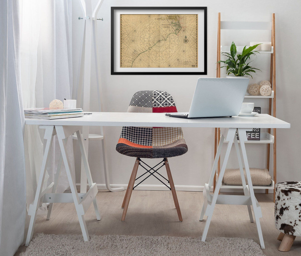 Atlantic Coast 1639 Chart print framed above a white desk in a home office