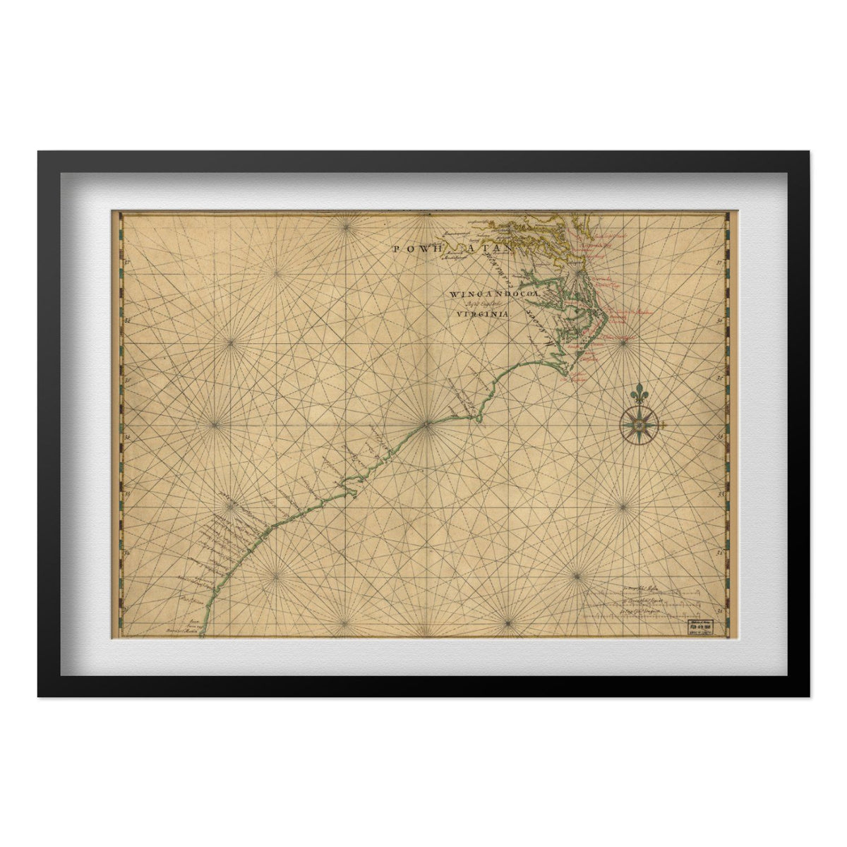 Atlantic Coast 1639 Chart print in a black frame with a white mat