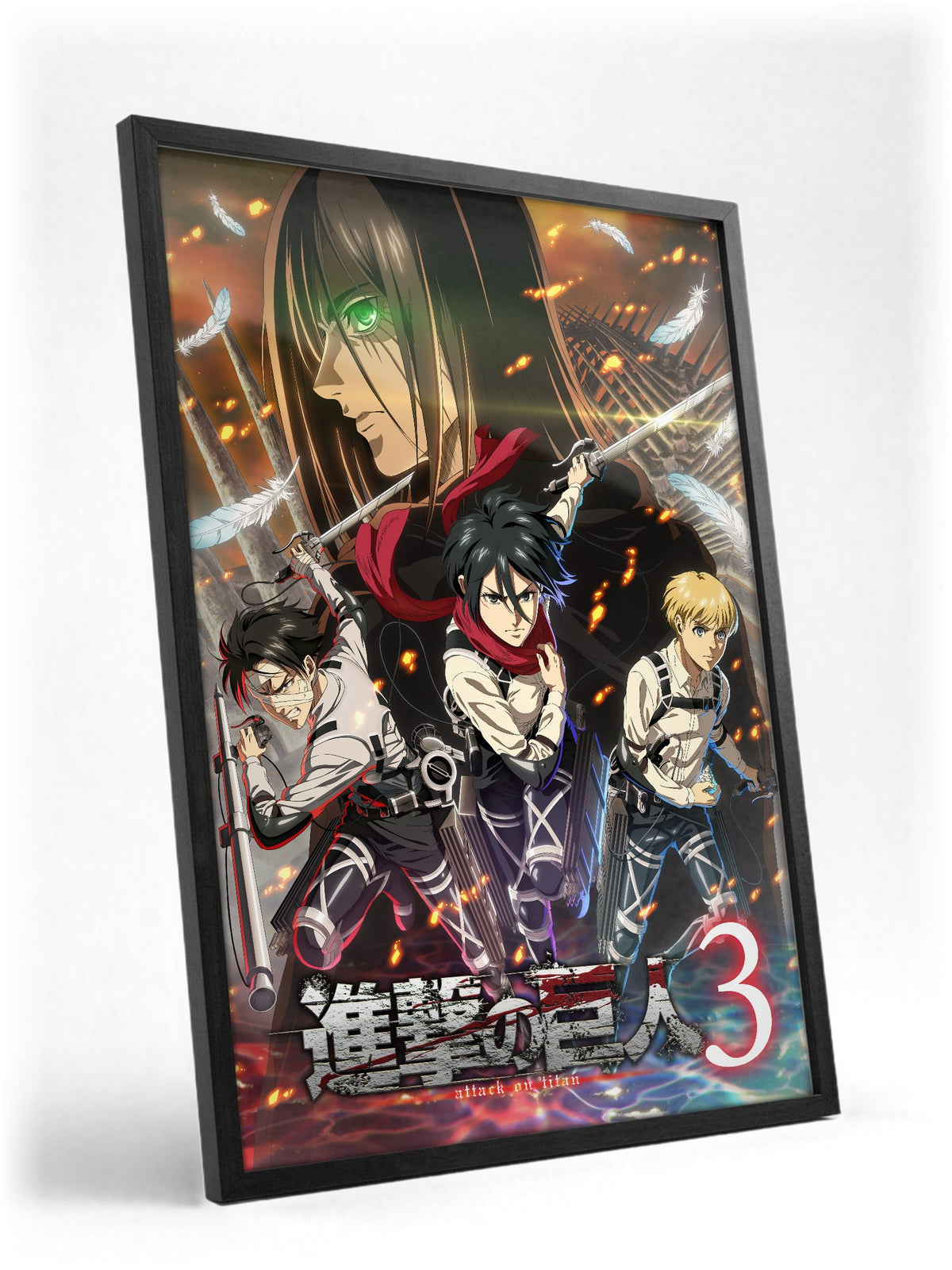Attack on Titan Season 3 Key Visual Art poster in a black frame with glass leaning against a wall