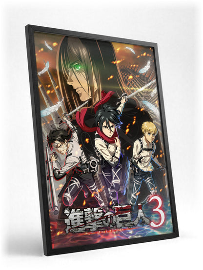 Attack on Titan Season 3 Key Visual Art poster in a black frame with glass leaning against a wall