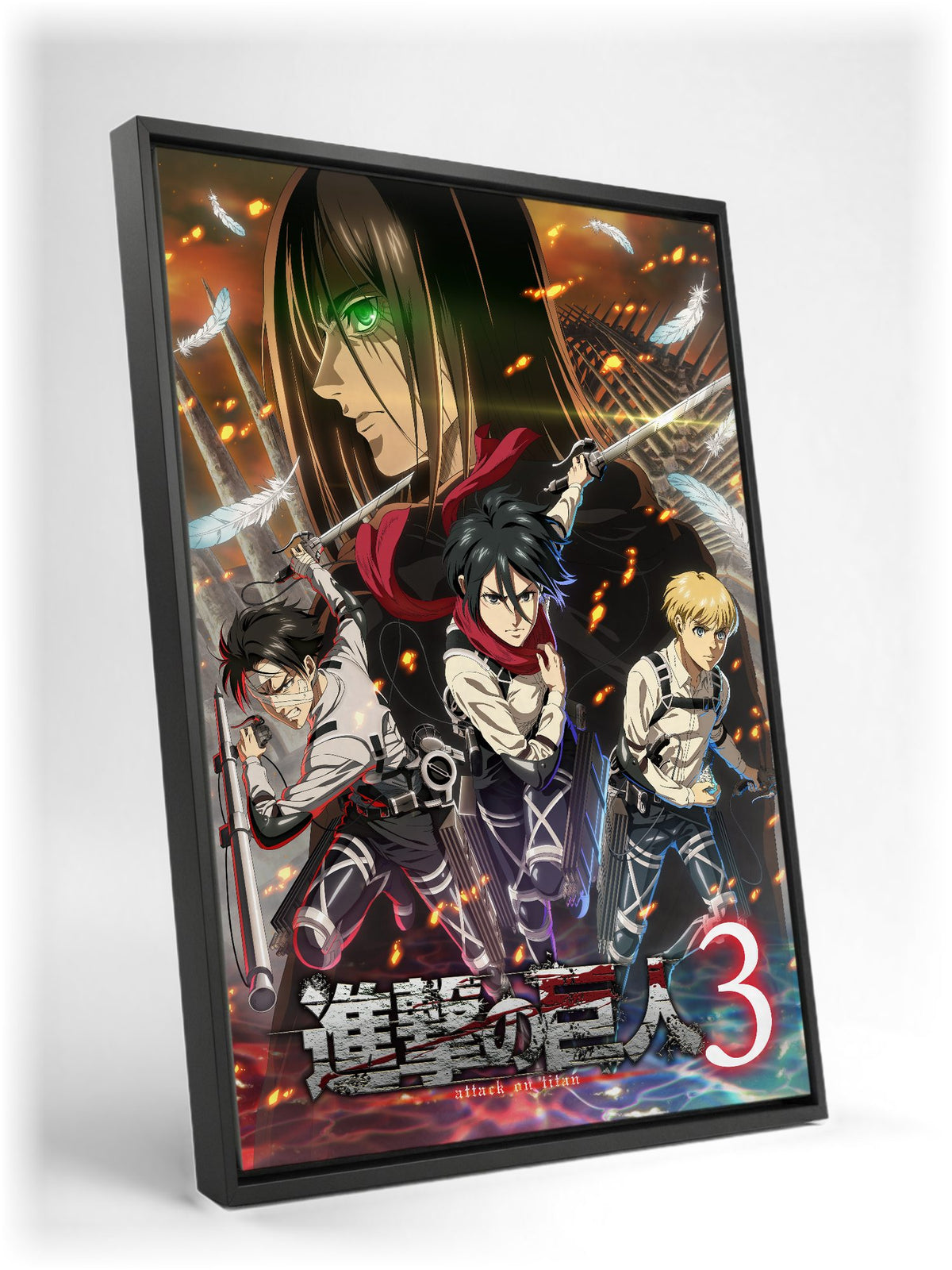 Attack on Titan Season 3 Key Visual Art as a black floater framed canvas leaning against a wall