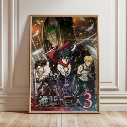 Attack on Titan Season 3 Key Visual Art poster in a light oak frame leaning against a white wall