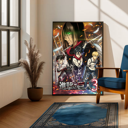 Attack on Titan Season 3 Key Visual Art poster framed beside a blue armchair in a sunlit room