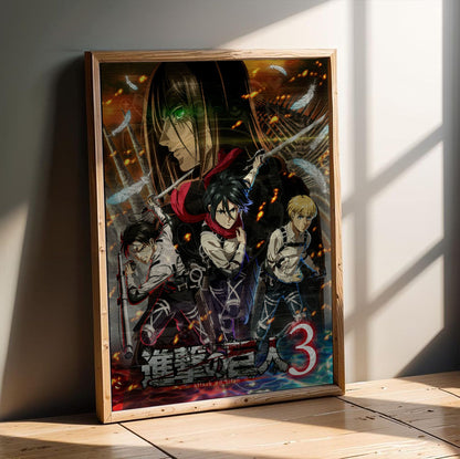 Attack on Titan Season 3 Key Visual Art poster in an oak frame leaning on a wooden floor