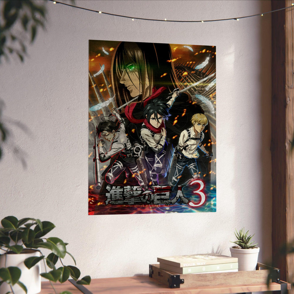 Attack on Titan Season 3 Key Visual Art poster unframed on a white wall above a desk