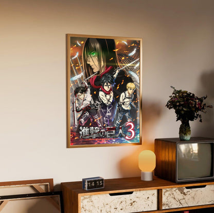 Attack on Titan Season 3 Key Visual Art poster in an oak frame above a sideboard