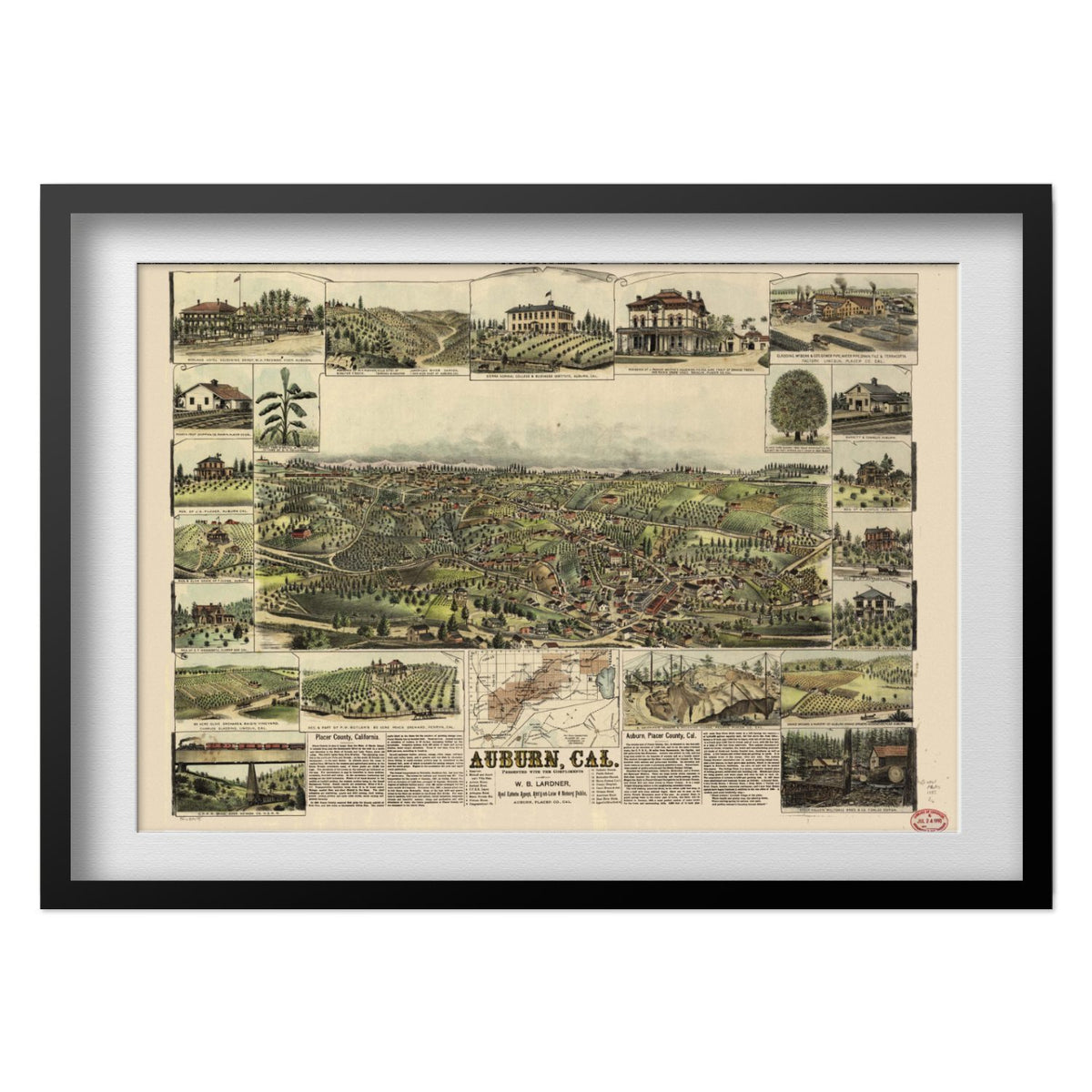 Auburn 1887 Panoramic Map print in a black frame