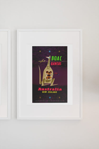 Australia New Zealand BOAC Qantas poster on a light wall