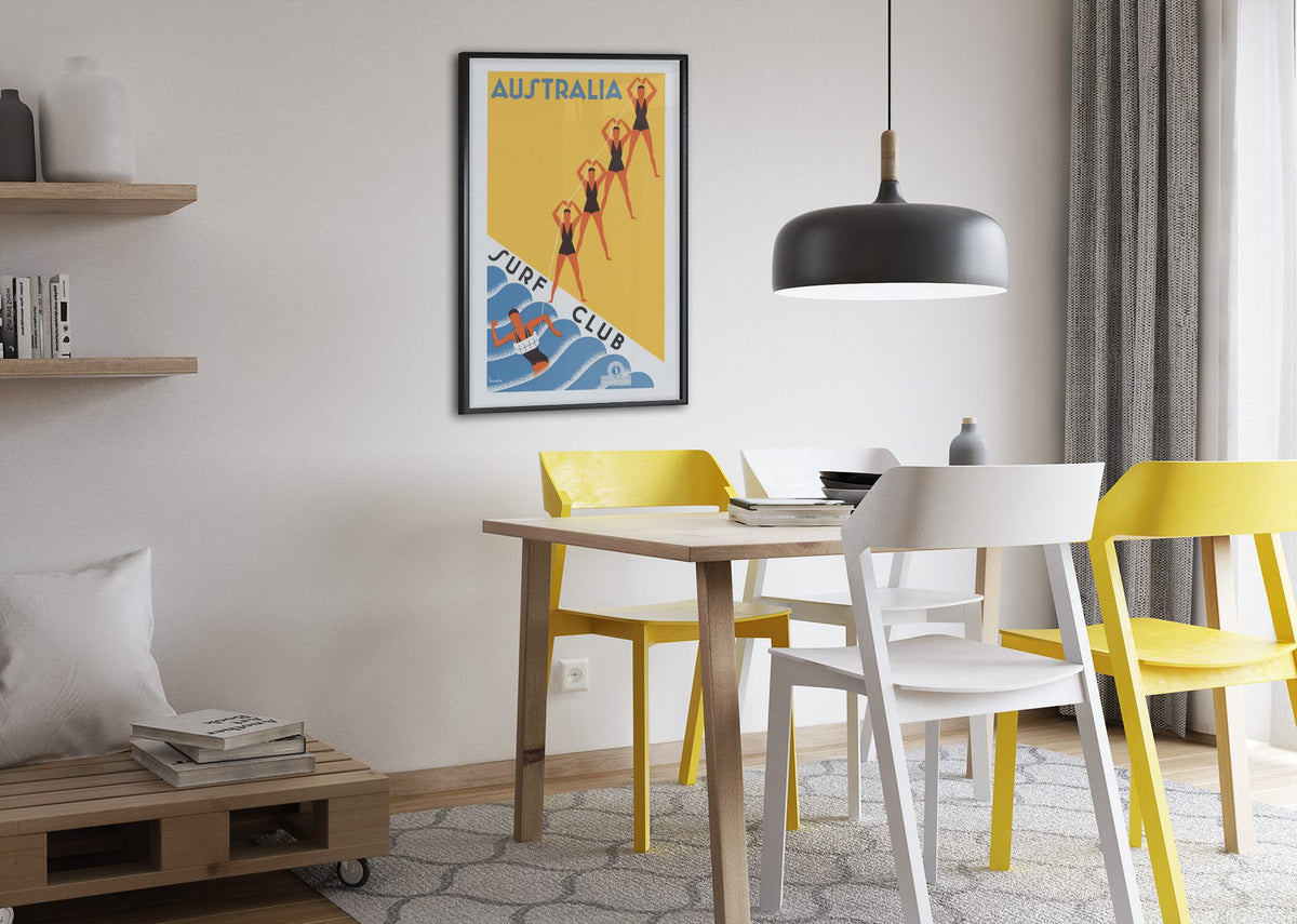 Australia Surf Club poster framed above a dining table