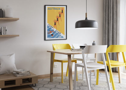 Australia Surf Club poster framed above a dining table