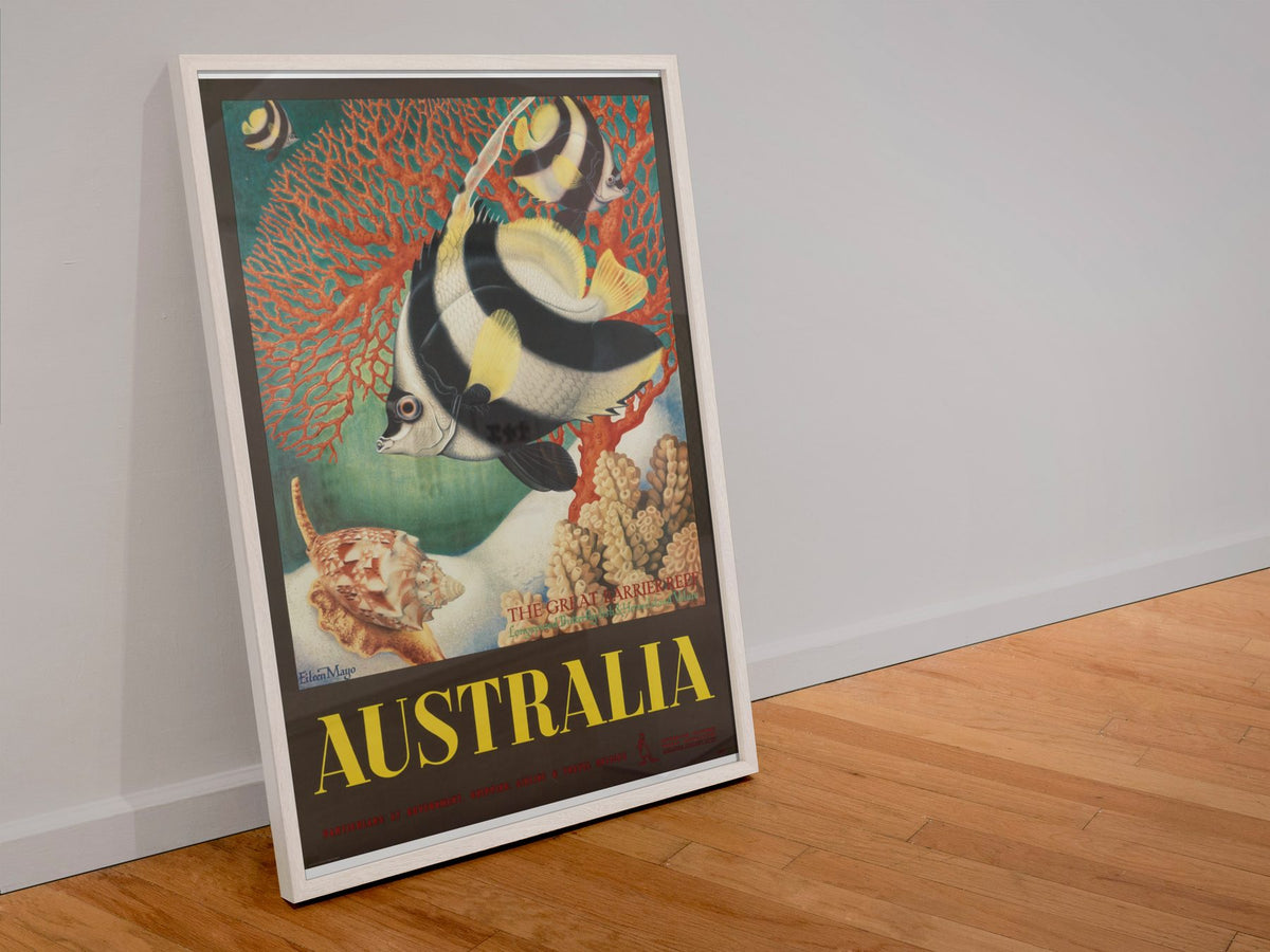 Australia Great Barrier Reef poster in a white frame leaning against a wall