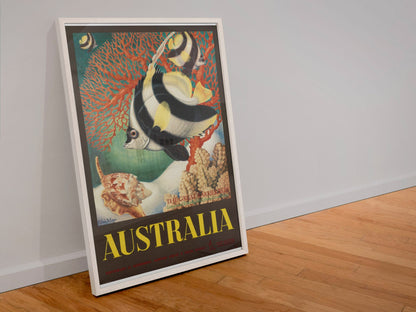 Australia Great Barrier Reef poster in a white frame leaning against a wall