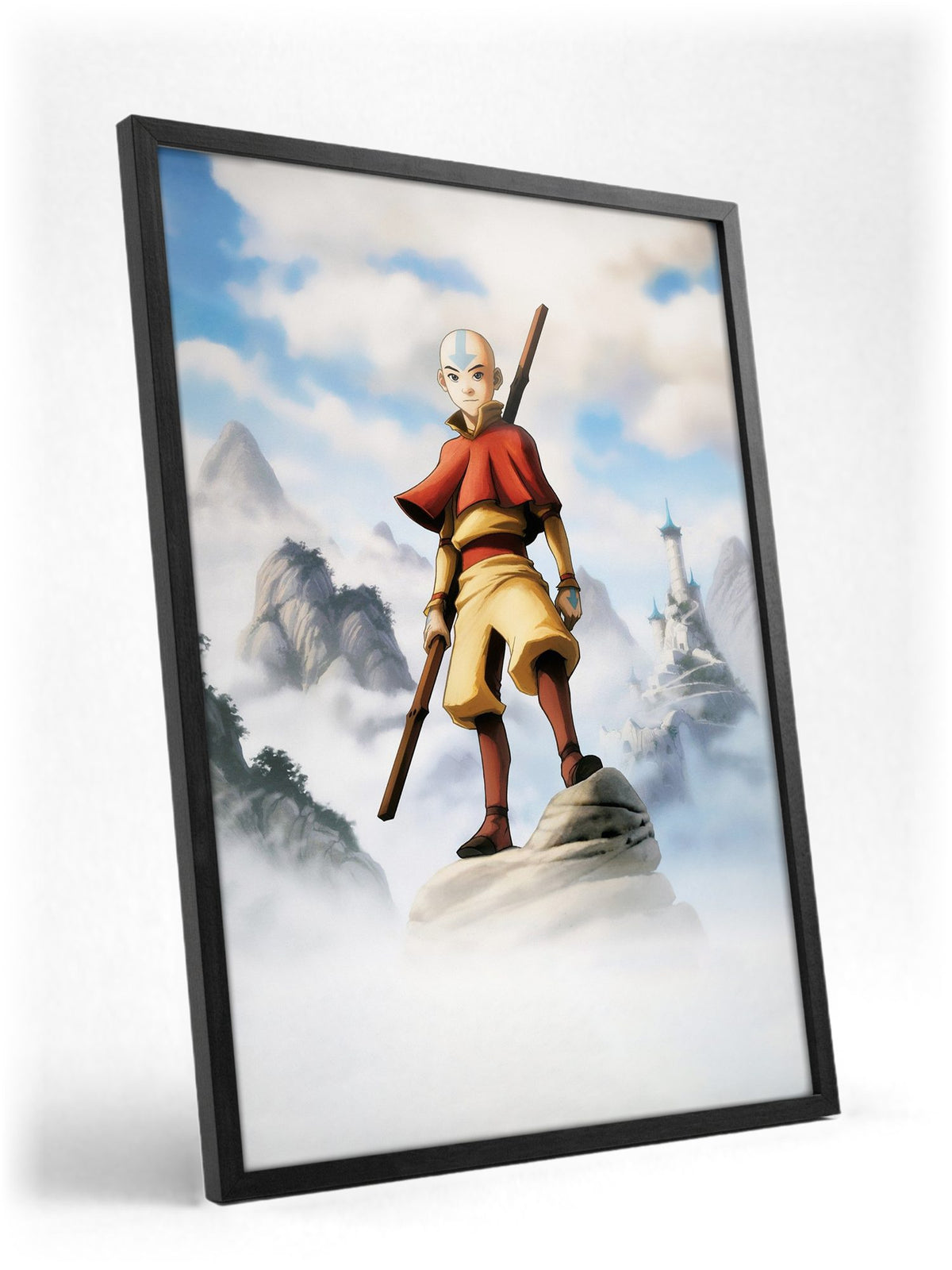 Avatar: The Last Airbender Aang Art poster in a black frame with glass leaning against a wall
