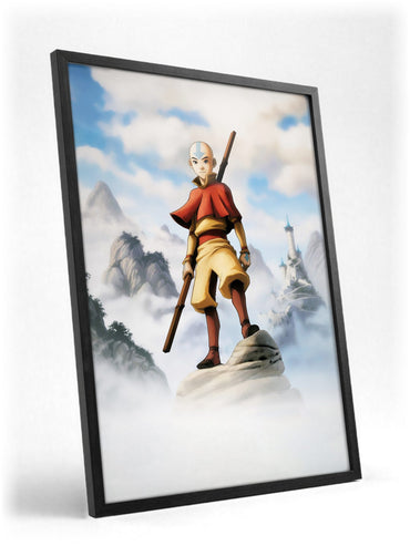 Avatar: The Last Airbender Aang Art poster in a black frame with glass leaning against a wall