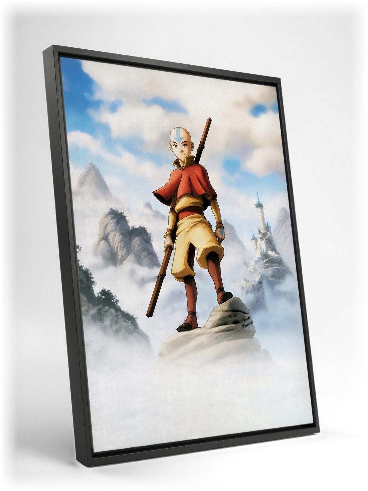 Avatar: The Last Airbender Aang Art as a black floater framed canvas leaning against a wall