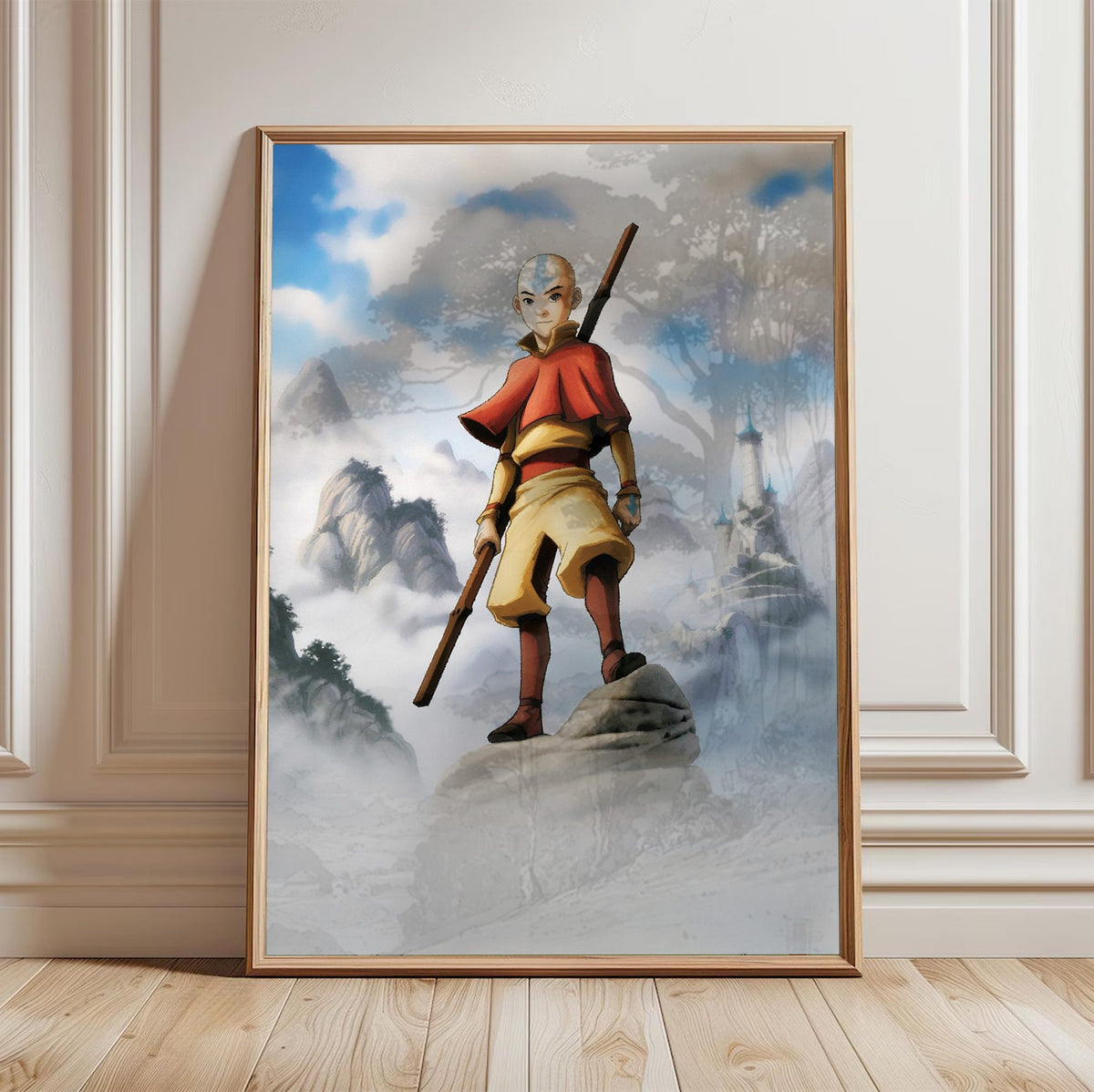Avatar: The Last Airbender Aang Art poster in a light oak frame leaning against a white wall