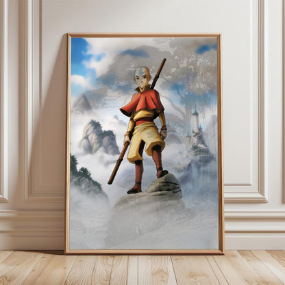 Avatar: The Last Airbender Aang Art poster in a light oak frame leaning against a white wall