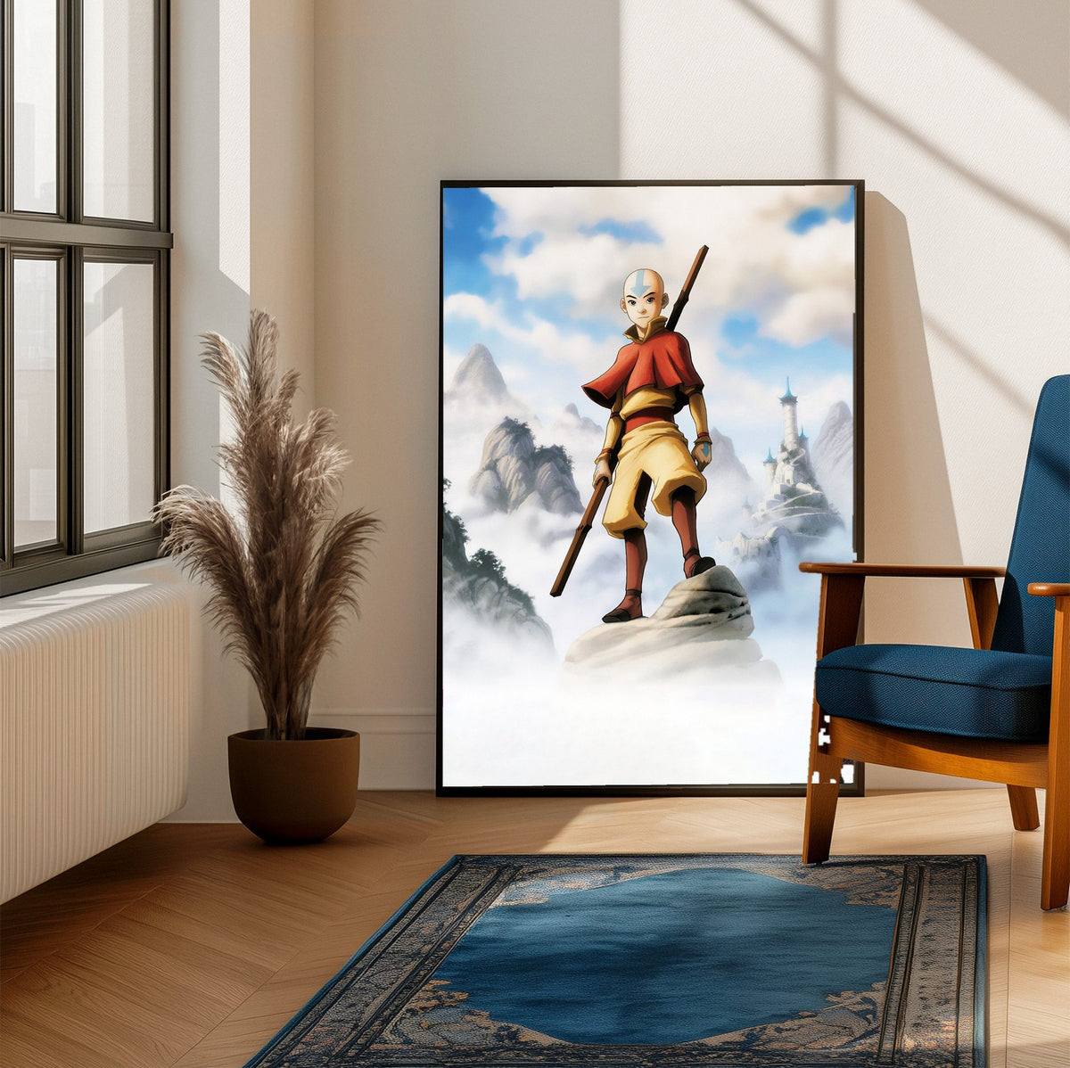 Avatar: The Last Airbender Aang Art poster framed beside a blue armchair in a sunlit room