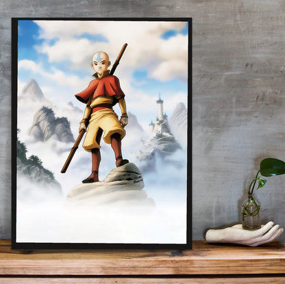 Avatar: The Last Airbender Aang Art poster in a black frame on a wooden shelf against concrete