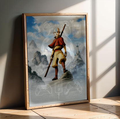 Avatar: The Last Airbender Aang Art poster in an oak frame leaning on a wooden floor