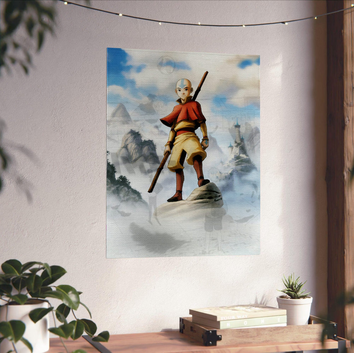 Avatar: The Last Airbender Aang Art poster unframed on a white wall above a desk