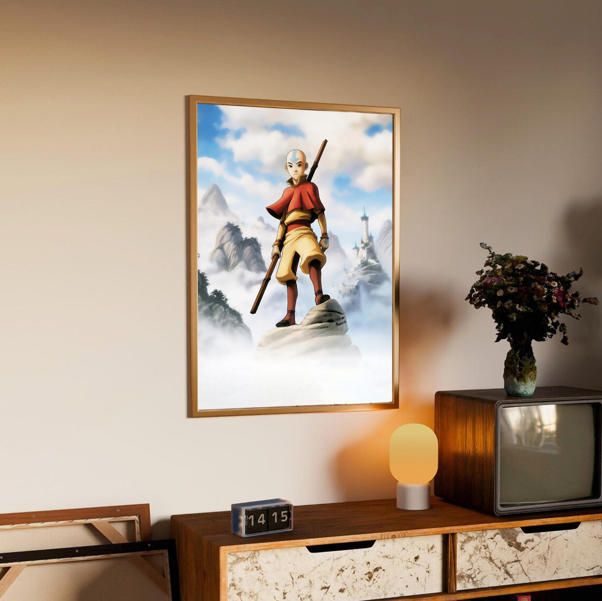 Avatar: The Last Airbender Aang Art poster in an oak frame above a sideboard