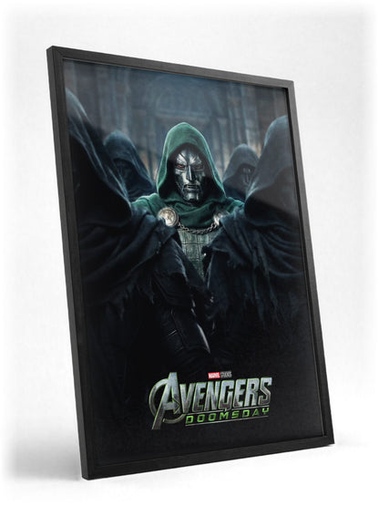 Avengers: Doomsday (2026) Movie Comic-Style Ensemble Art poster in a black frame with glass leaning against a wall