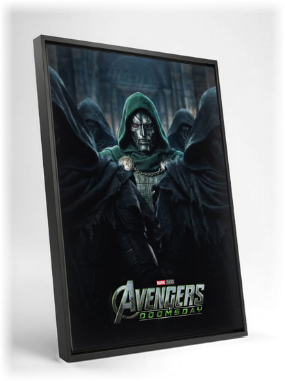 Avengers: Doomsday (2026) Movie Comic-Style Ensemble Art as a black floater framed canvas leaning against a wall