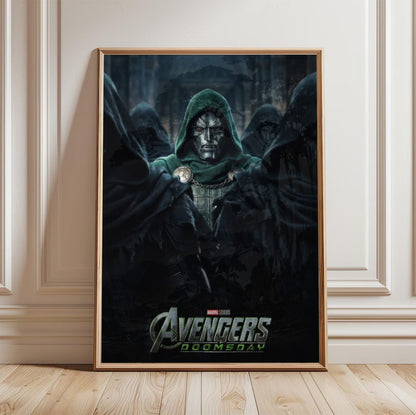 Avengers: Doomsday (2026) Movie Comic-Style Ensemble Art poster in a light oak frame leaning against a white wall