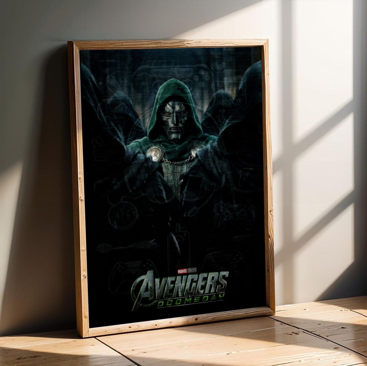 Avengers: Doomsday (2026) Movie Comic-Style Ensemble Art poster in an oak frame leaning on a wooden floor