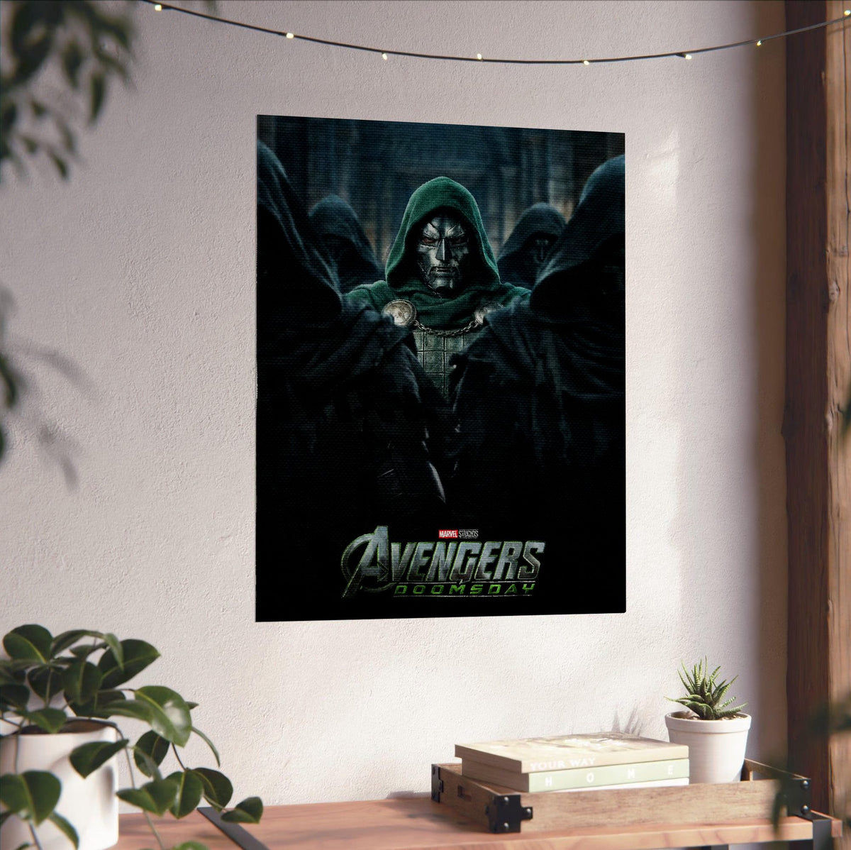 Avengers: Doomsday (2026) Movie Comic-Style Ensemble Art poster unframed on a white wall above a desk