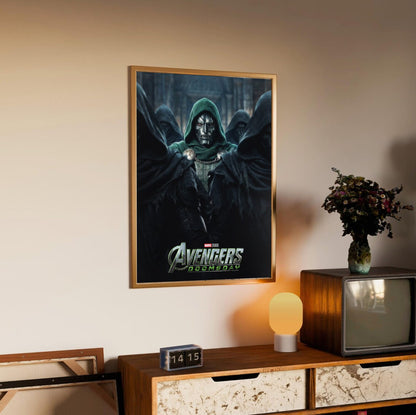Avengers: Doomsday (2026) Movie Comic-Style Ensemble Art poster in an oak frame above a sideboard