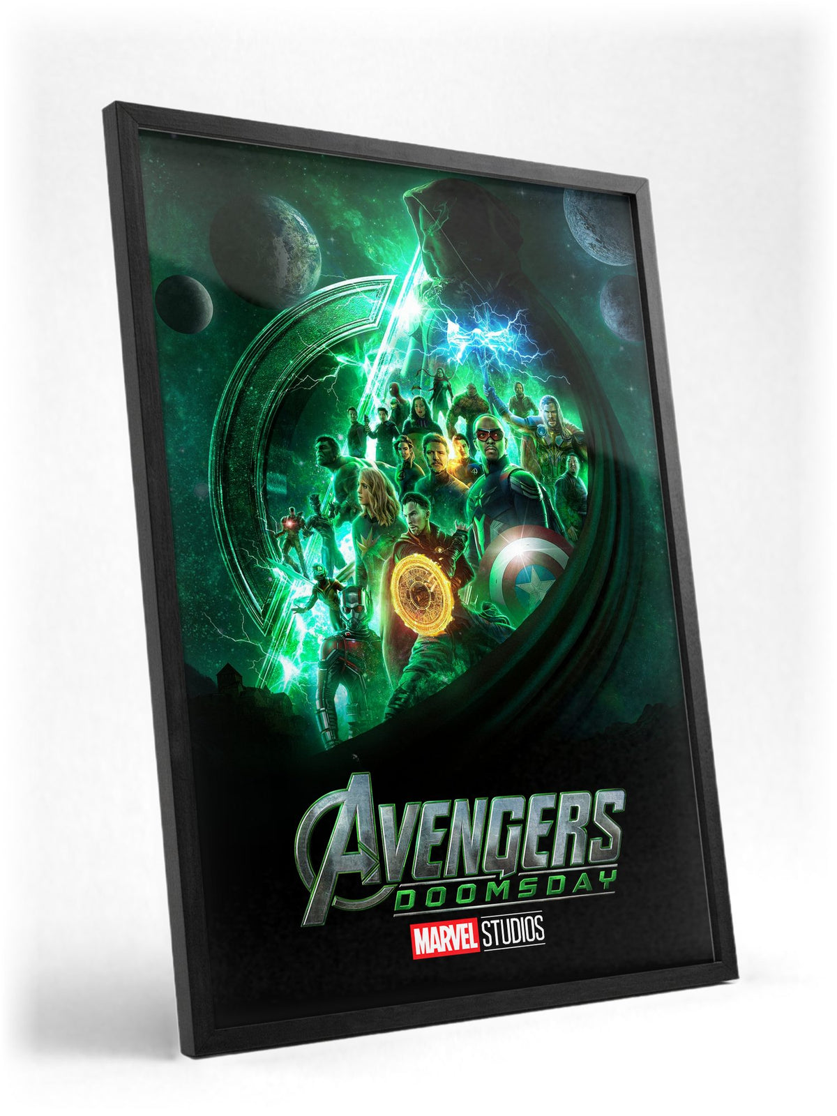 Avengers: Doomsday (2026) Movie Doctor Doom Teaser Art poster in a black frame with glass leaning against a wall