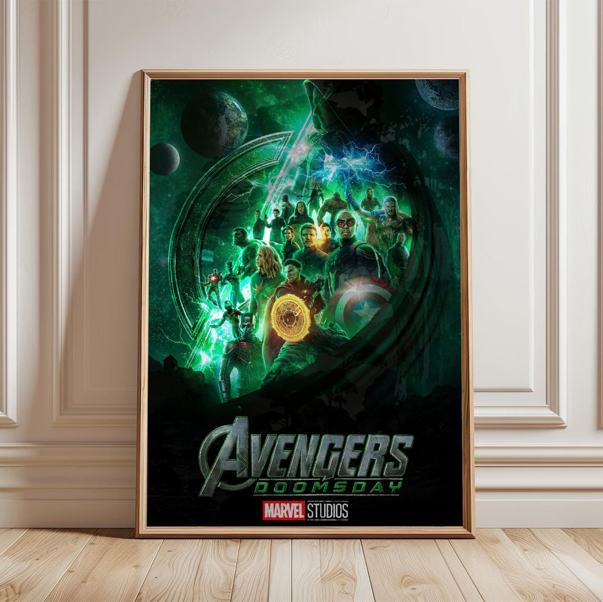 Avengers: Doomsday (2026) Movie Doctor Doom Teaser Art poster in a light oak frame leaning against a white wall
