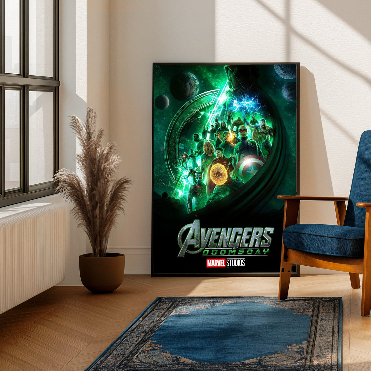 Avengers: Doomsday (2026) Movie Doctor Doom Teaser Art poster framed beside a blue armchair in a sunlit room