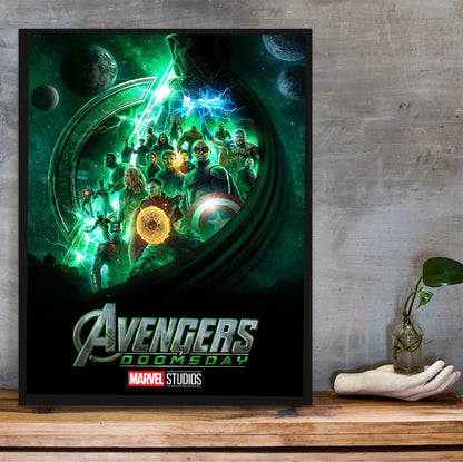 Avengers: Doomsday (2026) Movie Doctor Doom Teaser Art poster in a black frame on a wooden shelf against concrete