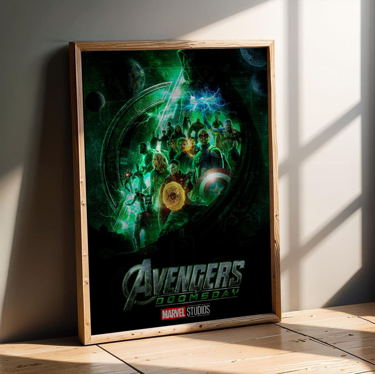 Avengers: Doomsday (2026) Movie Doctor Doom Teaser Art poster in an oak frame leaning on a wooden floor