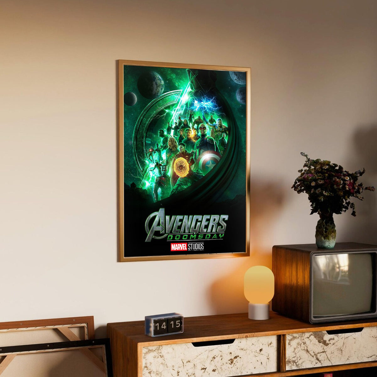 Avengers: Doomsday (2026) Movie Doctor Doom Teaser Art poster in an oak frame above a sideboard
