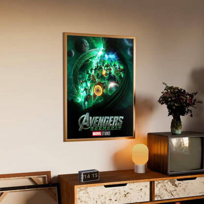 Avengers: Doomsday (2026) Movie Doctor Doom Teaser Art poster in an oak frame above a sideboard