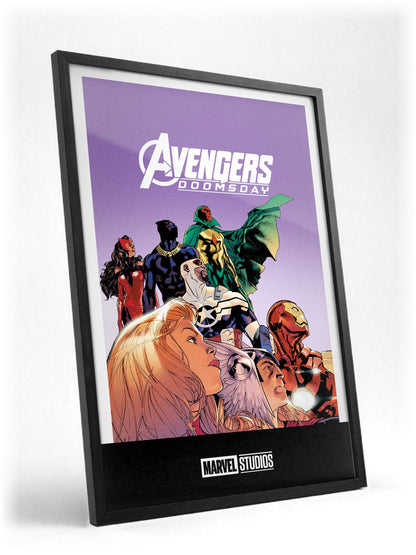 Avengers: Doomsday (2026) Movie Illustrated Purple Art poster in a black frame with glass leaning against a wall