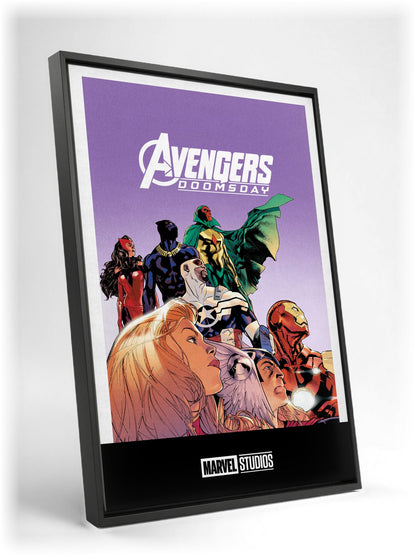 Avengers: Doomsday (2026) Movie Illustrated Purple Art as a black floater framed canvas leaning against a wall