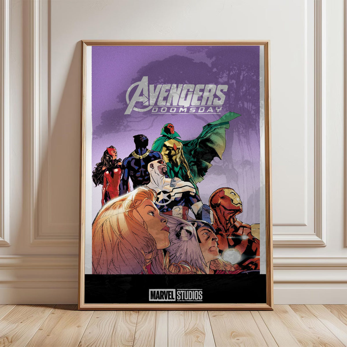 Avengers: Doomsday (2026) Movie Illustrated Purple Art poster in a light oak frame leaning against a white wall