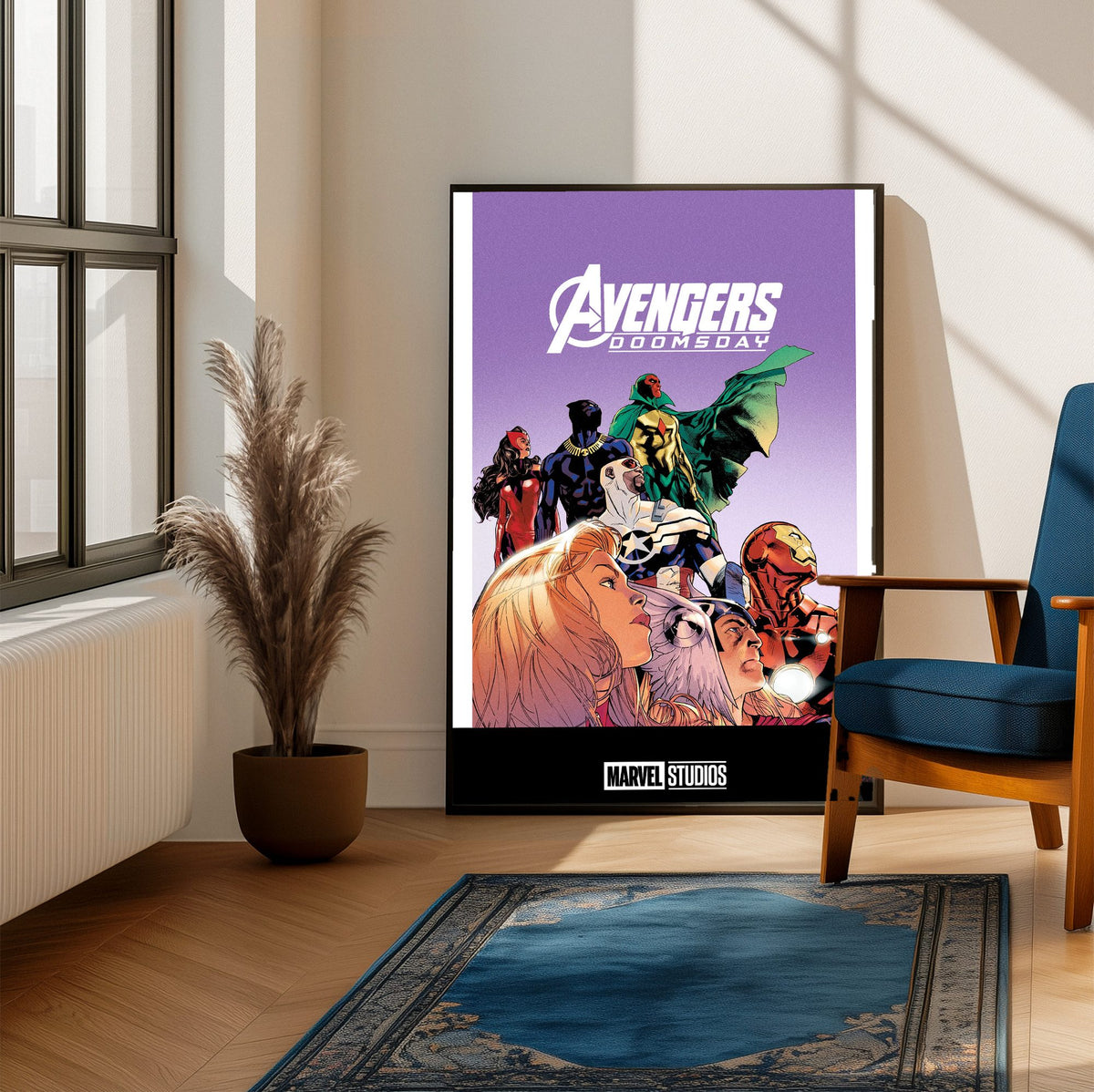 Avengers: Doomsday (2026) Movie Illustrated Purple Art poster framed beside a blue armchair in a sunlit room