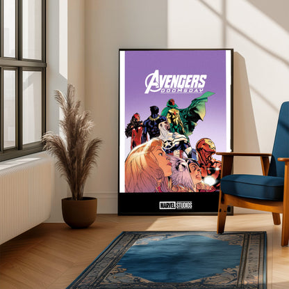 Avengers: Doomsday (2026) Movie Illustrated Purple Art poster framed beside a blue armchair in a sunlit room