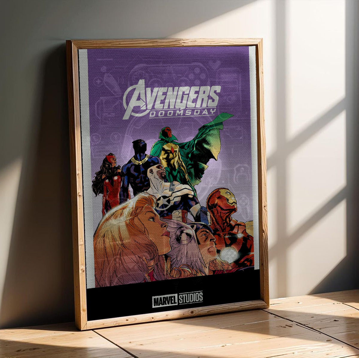 Avengers: Doomsday (2026) Movie Illustrated Purple Art poster in an oak frame leaning on a wooden floor