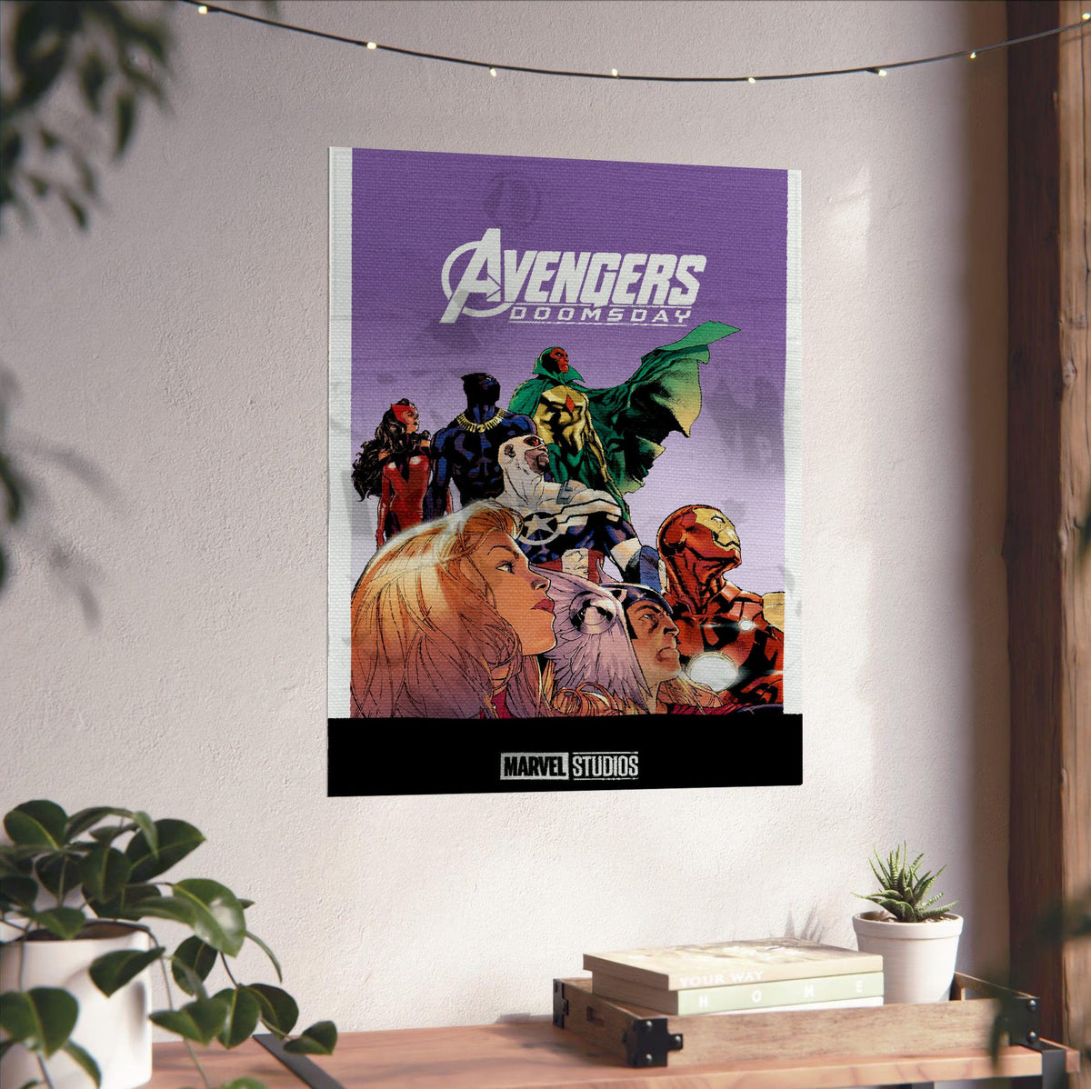Avengers: Doomsday (2026) Movie Illustrated Purple Art poster unframed on a white wall above a desk